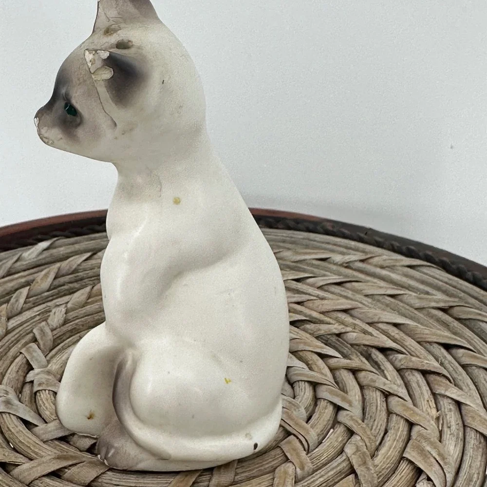 Vintage Siamese‎ Cat Figurines Emerald Eyes Sitting Pair Ceramic Decor 4 in FAIR